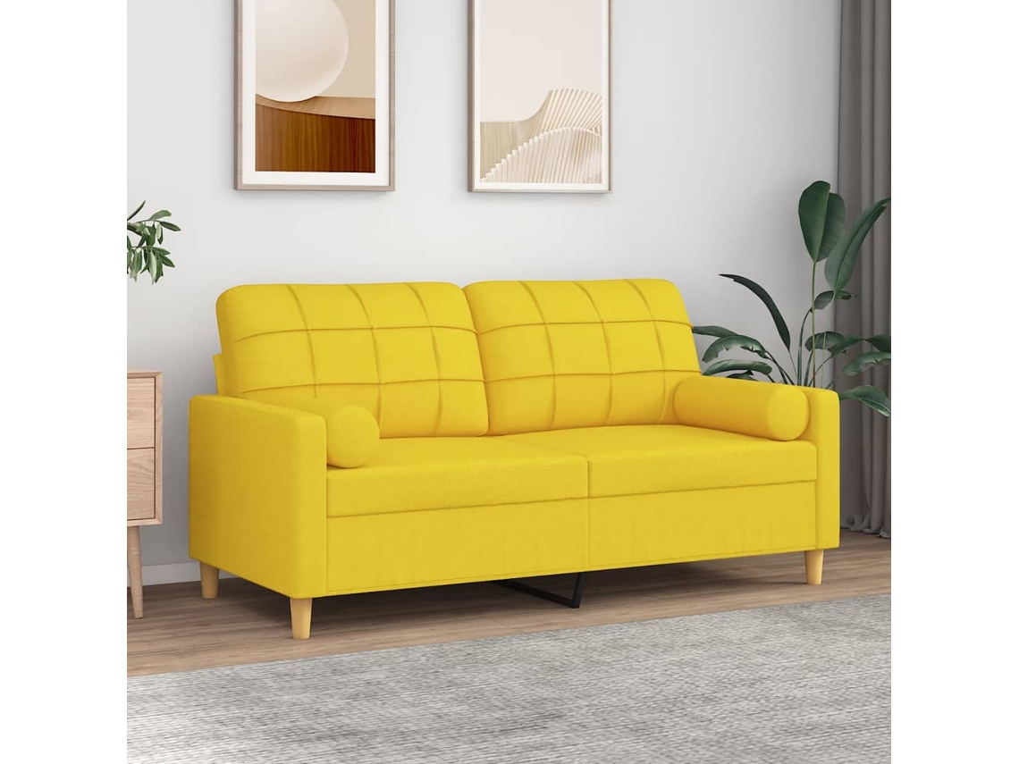 Vidaxl Sofá 2 Lug. + Almofadas Decorativas 140 Cm Tecido Amarelo-claro