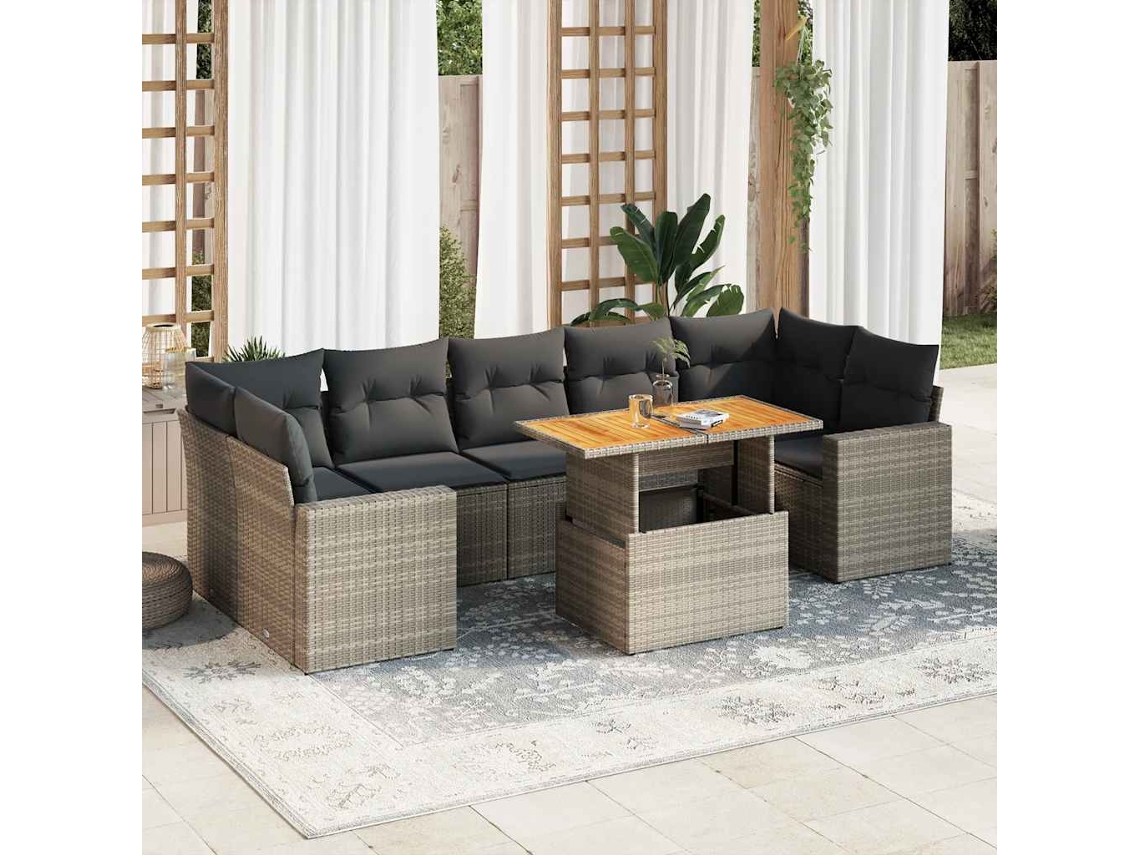 Vidaxl 8 Pcs Conjunto Sofás De Jardim C/ Almofadões Vime Pe Cinzento