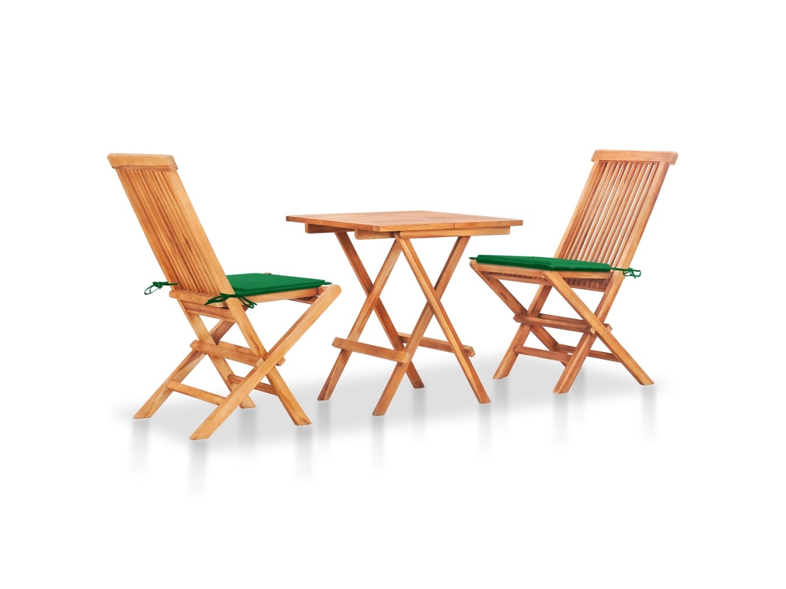 Vidaxl Conjunto Bistrô C/ Almofadões Verdes 3 Pcs Teca Maciça