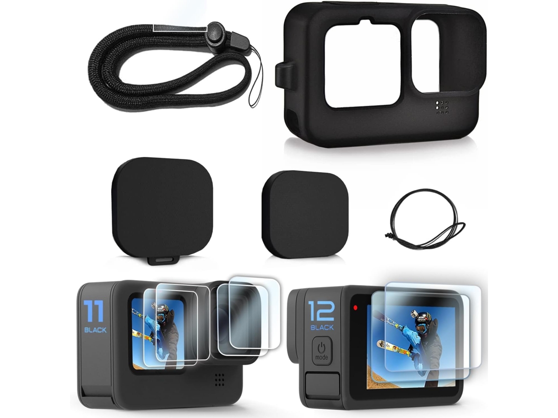 Capa De Silicone (para Gopro Hero 12/11/10/9 Preta), Protetor Lente, Tela E Kit Acessórios Com Cordão.-aquaforge