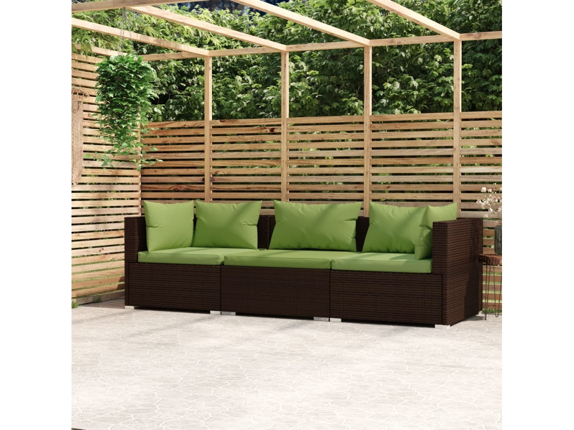Vidaxl Sofá De Jardim 3 Lugares Com Almofadões Vime Pe Castanho