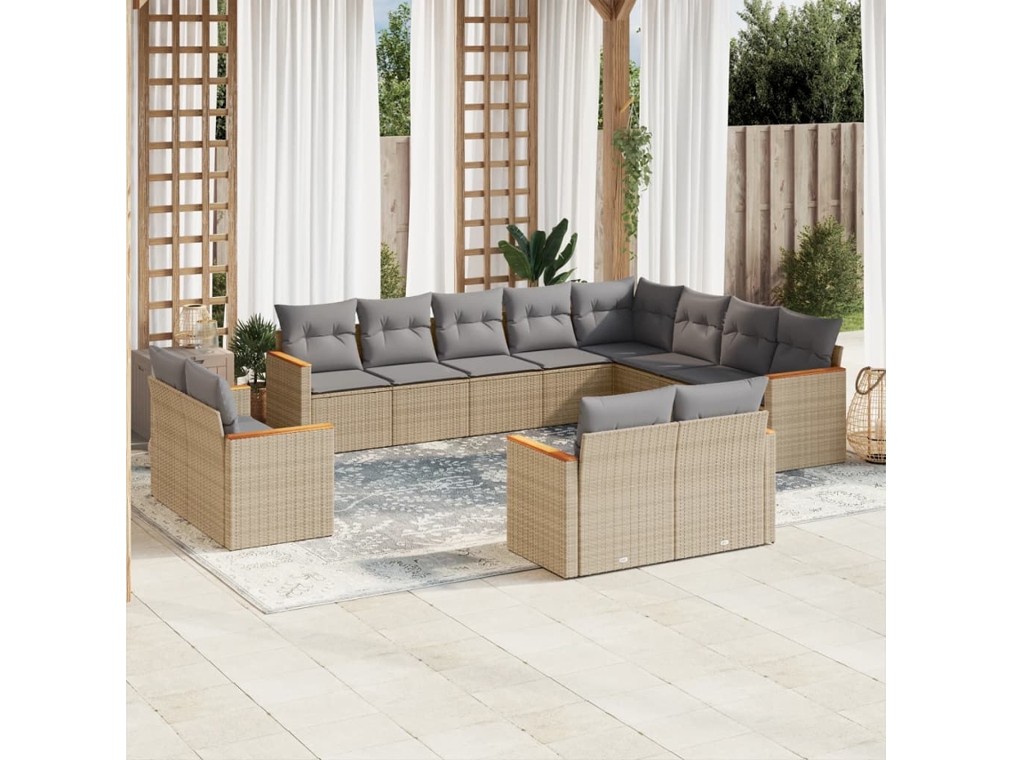 Vidaxl 12 Pcs Conj. Sofás Jardim C/ Almofadões Vime Pe Bege Misturado