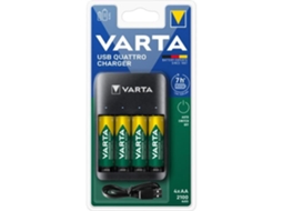 Carregador Quattro econômico para 1 a 4 pilhas AA ou AAA. Inclui 4 baterias Varta de 2100 mAh pré-carregadas.