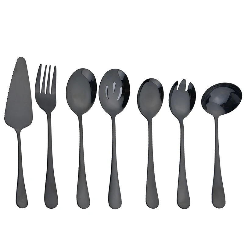 Conjunto De Garfo E Colher Em Aço Inoxidável (preto), Inclui Colher, Escorredor, Colher Para Salada, Colher Para Bolo E Espátula.