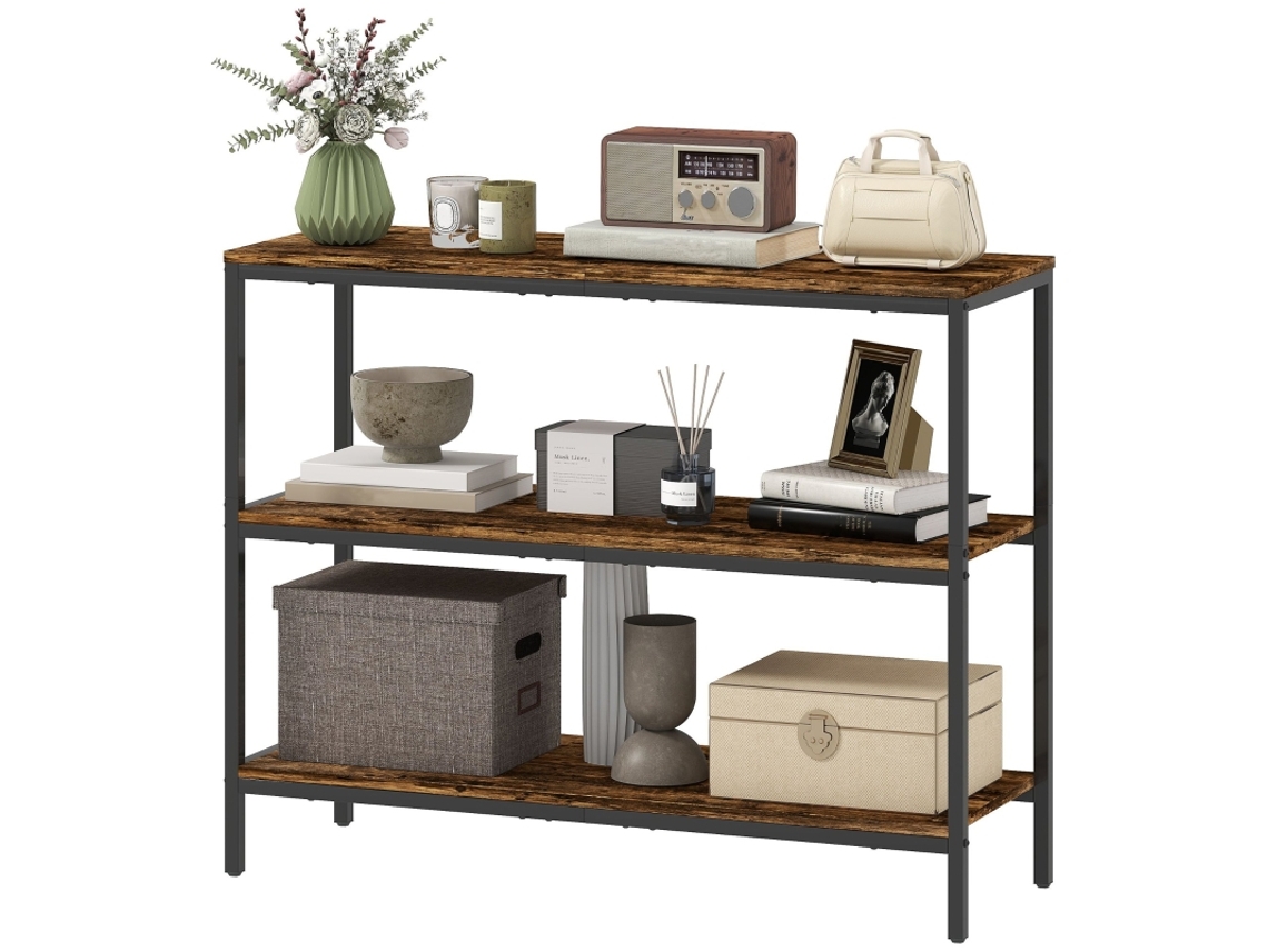Mesa de Console LYYTUNG, Mesa Auxiliar com Prateleira de 3 Níveis, MDF, Metal, Castanho Claro