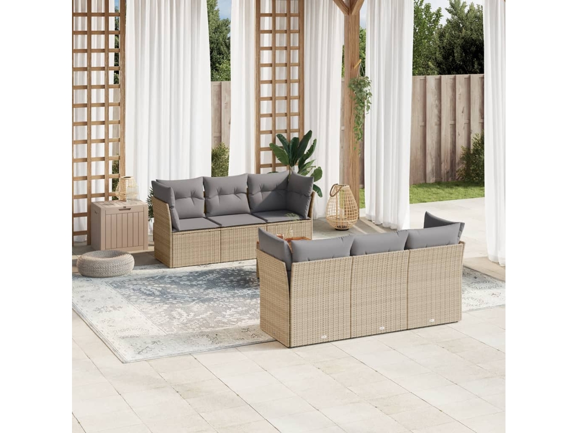 7 Pcs Conj. Sofás Jardim C/ Almofadões Vime Pe Bege Misturado Dkd Home Decor