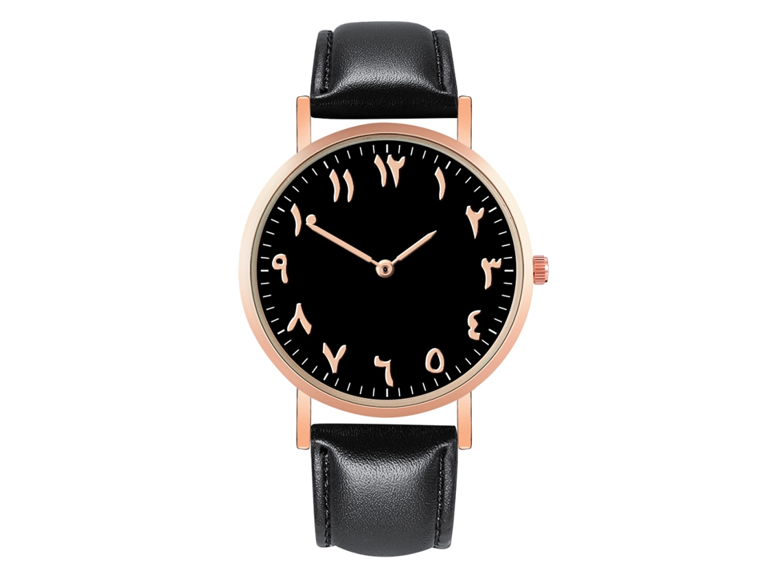 Relógio de pulso feminino em couro PU com mostrador redondo e movimento de quartzo (preto)