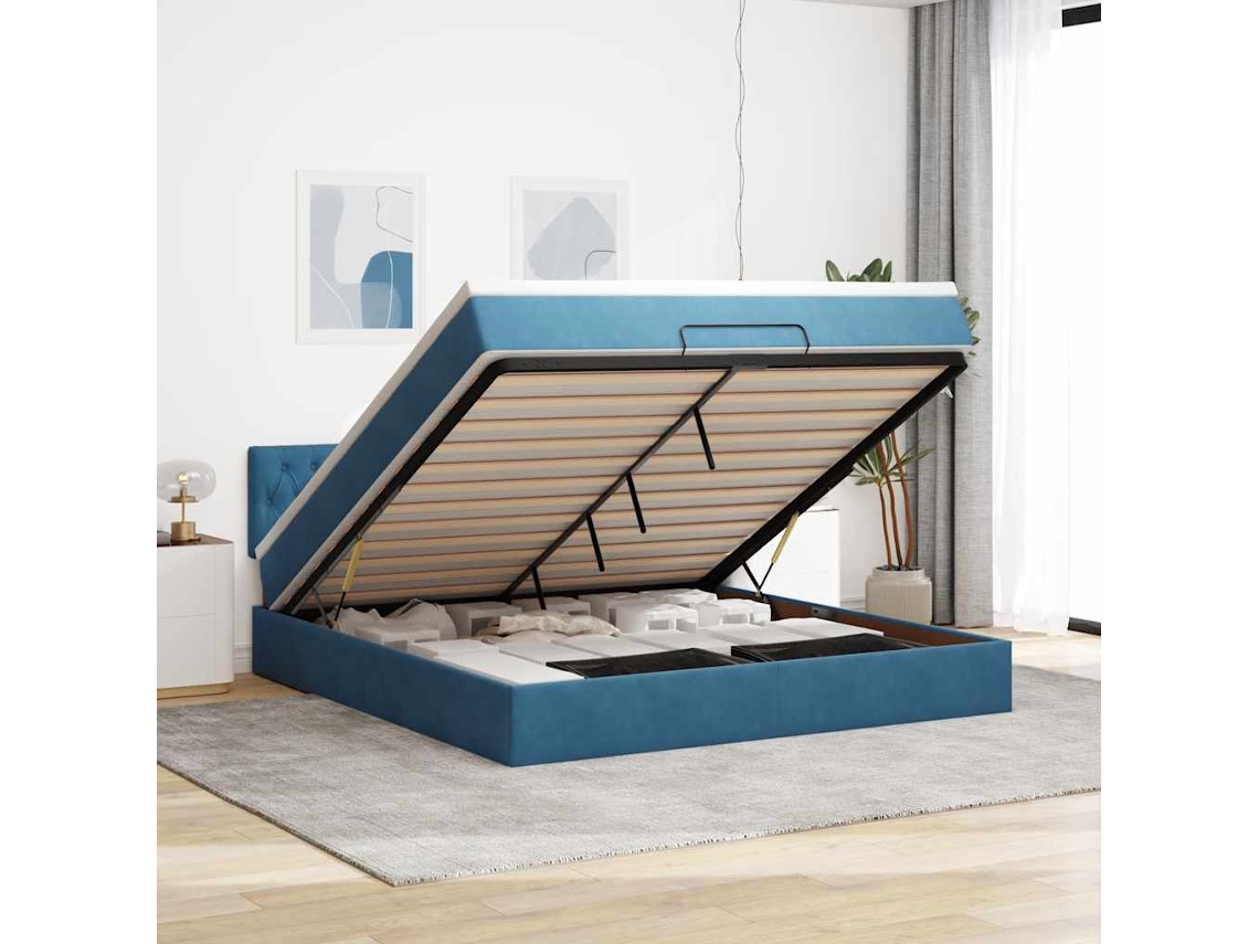 Estrutura De Cama Otomana Com Colchão 160x200 Cm Azul Escuro