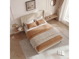 Cama Casal 140x200 Cm Em Linho Com Estrado De Ripas, Espaço De Armazenamento De 15 Cm, Estrutura Sólida E Silenciosa, Bege
