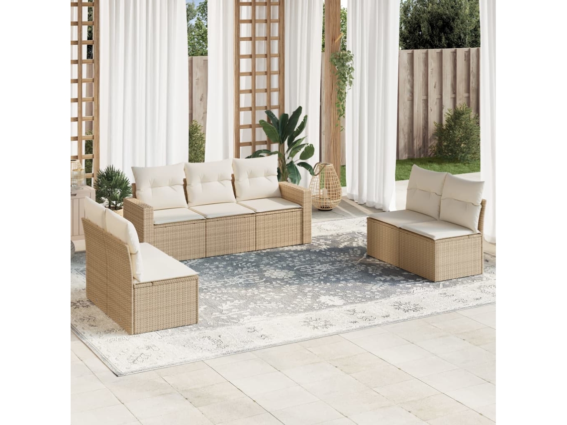 Vidaxl 7 Pcs Conjunto De Sofás P/ Jardim Com Almofadões Vime Pe Bege