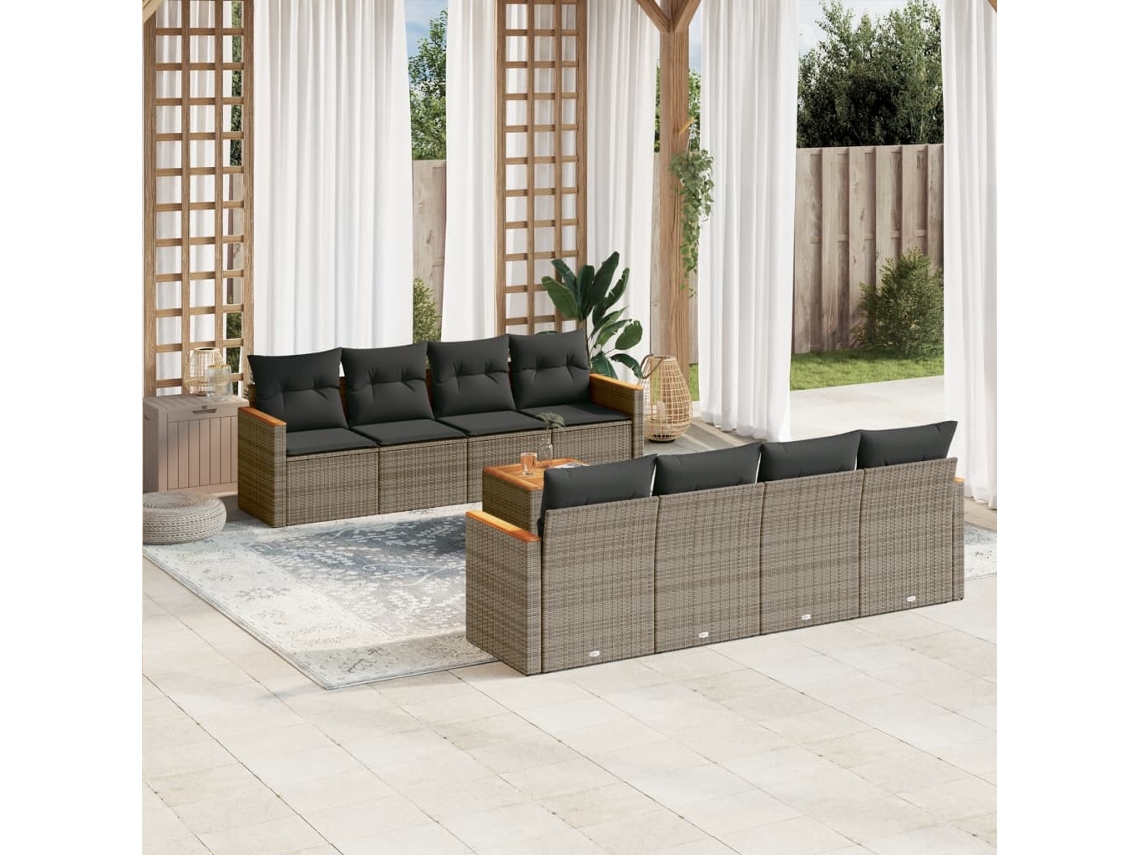 Vidaxl 9 Pcs Conjunto Sofás P/ Jardim com Almofadões Vime Pe Cinzento
