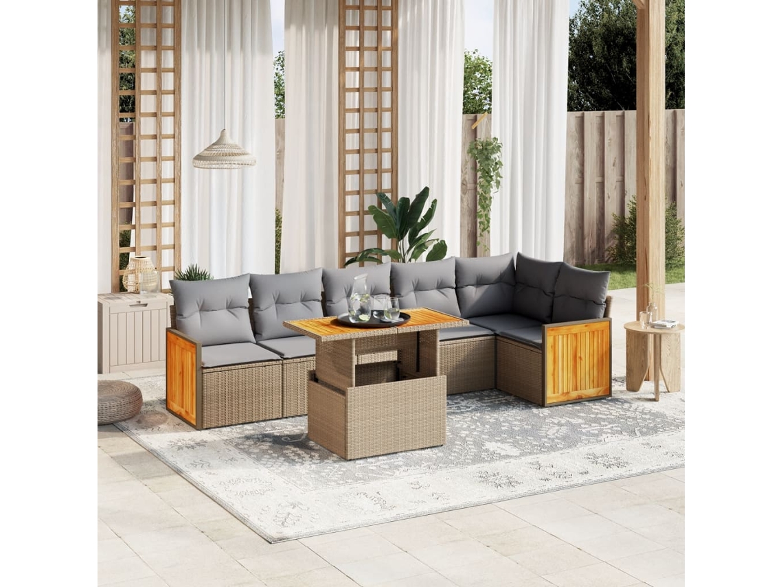 Vidaxl 7 Pcs Conjunto De Sofás P/ Jardim Com Almofadões Vime Pe Bege
