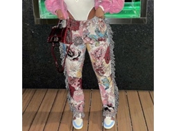Calças De Tiras Florais Com Franja Estilo Streetwear Chic, Verão, Regular, Comprimento Total, Mulheres Rosa
