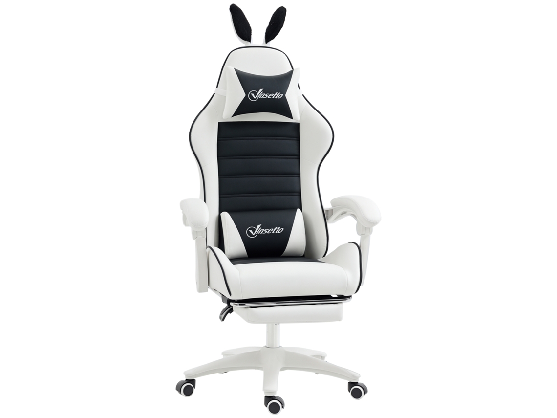 Cadeira gamer giratória, couro PU, altura ajustável, inclinável, 135°, Branco/preto