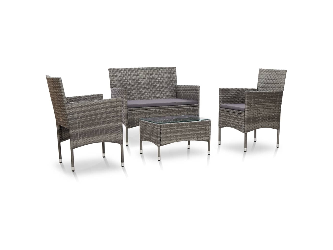 Conjunto 4 Peças Lounge De Jardim C/ Almofadões Vime Pe Cinza Dkd Home Decor