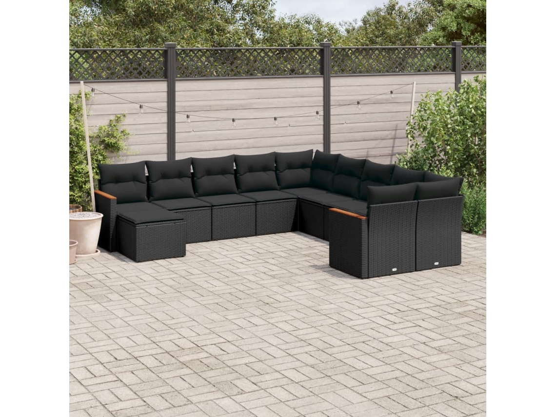 Vidaxl 11 Pcs Conjunto Sofás De Jardim C/ Almofadões Vime Pe Preto