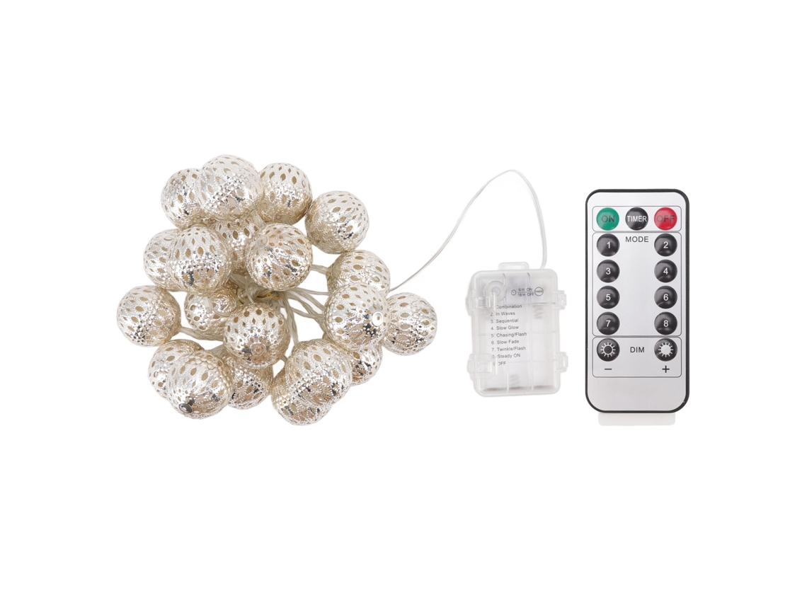 Luzes de Fio Led 2m 20 Bulbos Branco Quente 8 Modos Bola Metal Decoração Festas Jardim S/MARCA