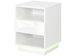 Mesa De Cabeceira Moderna Com Luz Led Controlo Remoto Gaveta De Alto Brilho E 2 Prateleiras 40x40x55 Cm Branco