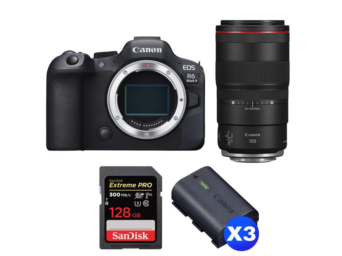 Eos R6 Mark Ii + Rf 100mm F/2.8 L Macro Is Usm + 1 Sandisk 128gb Uhs ii 300mb/s + 3 Canon Lp e6nh + Ebook “20 Dicas para Fotos Que Impressionam” CANON