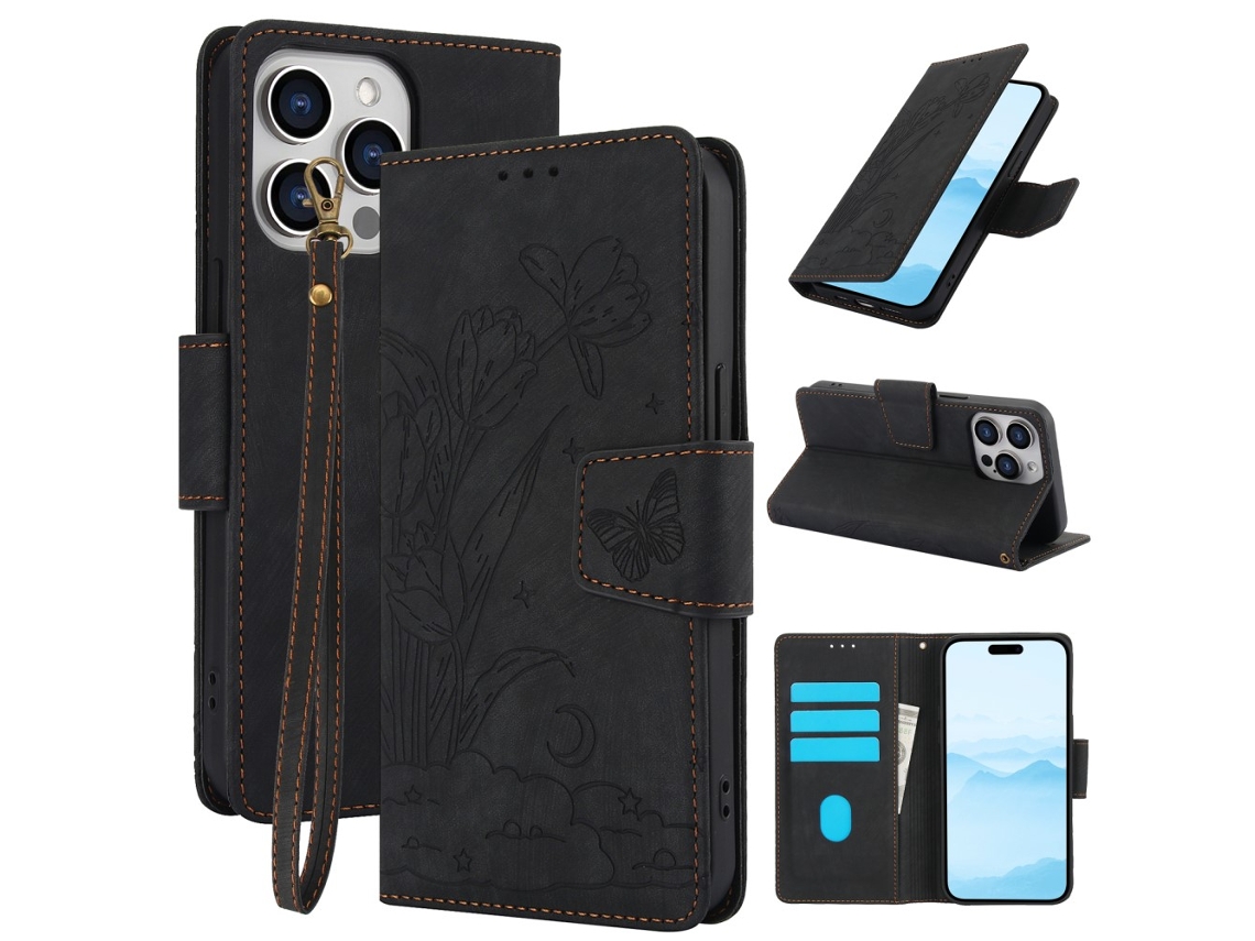 Capa Padrão Flor Borboleta Para Iphone 15 Pro Pele Sintética Multicor