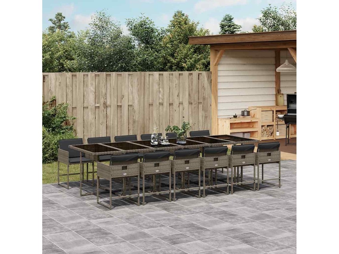 Vidaxl 13 Pcs Conjunto Jantar P/ Jardim C/ Almofadões Vime Pe Cinzento