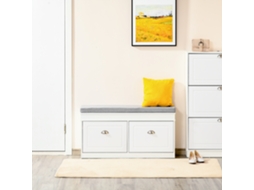 Panca Scarpiera Salvaspazio Em Madeira Com Almofada, 2 Gavetas Prateleira Regulável Para 8 Sapatos, 104x24x55cm, Branco