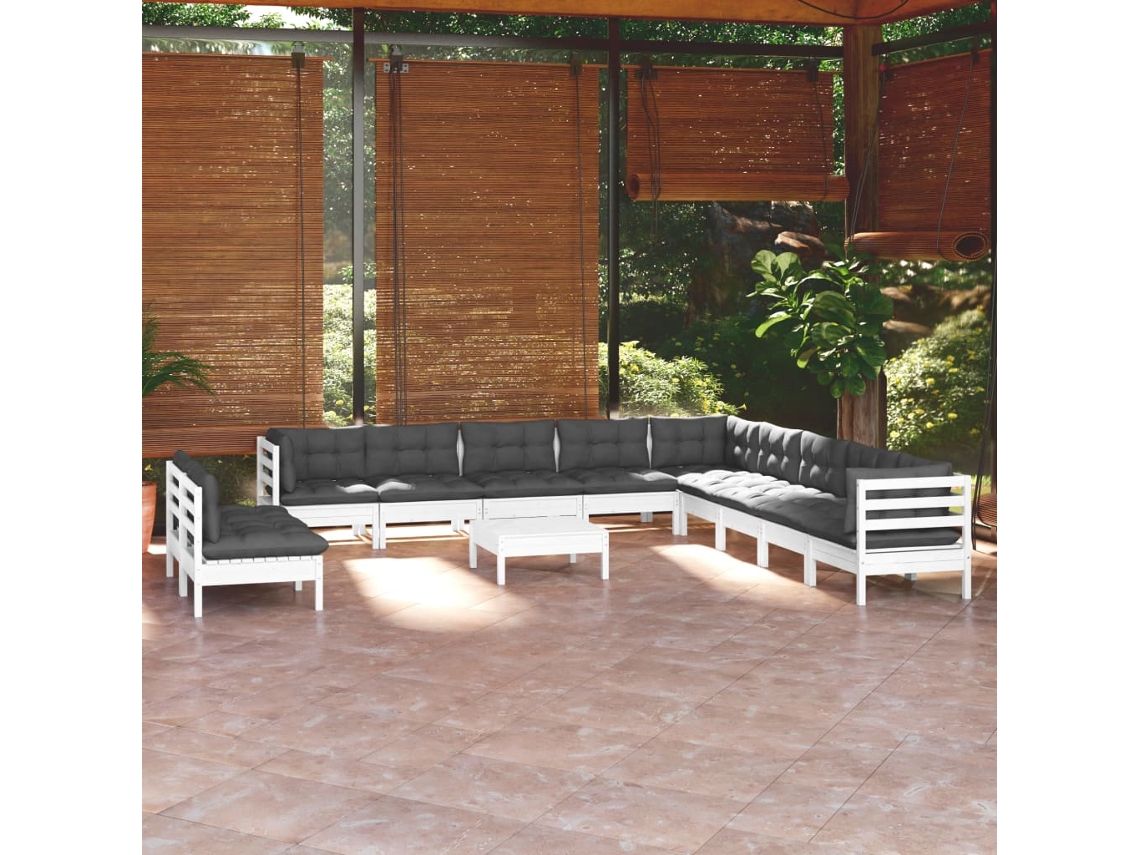 Vidaxl 12 Pcs Conj. Lounge De Jardim C/ Almofadões Pinho Maciço Branco