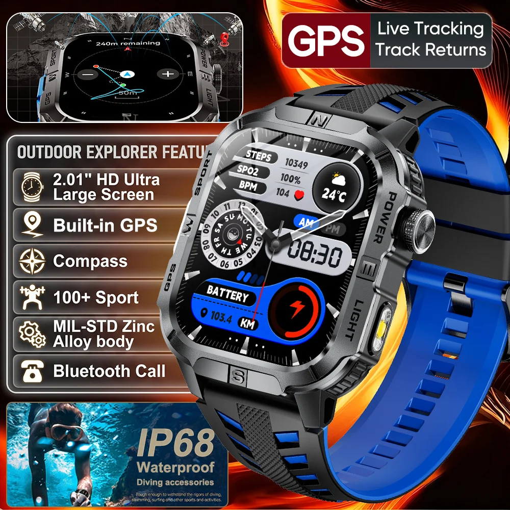 (pulseira Camuflada Azul) Relógio Inteligente Com Gps, Tela Hd De 2,01 Polegadas, À Prova D'água Ip68, Lanterna Led E Bússola.