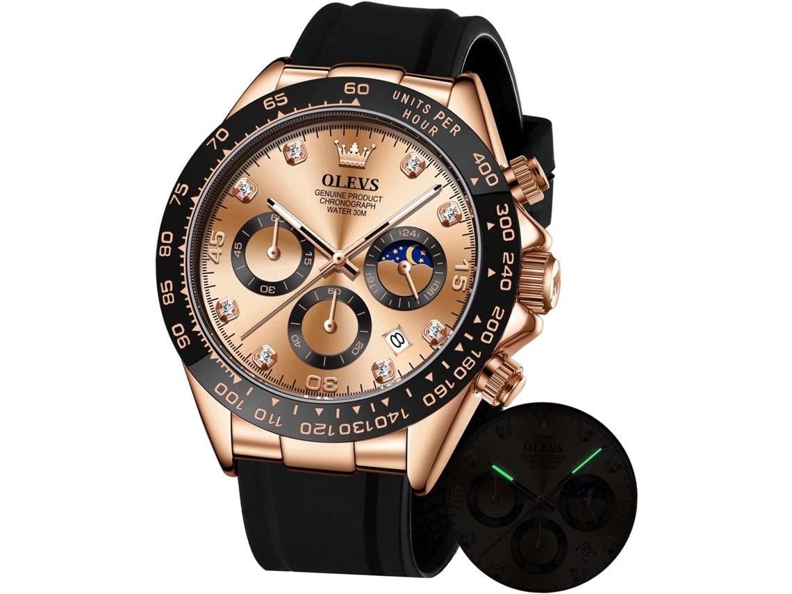 Lurelia Relógio Digital Masculino, Movimento De Quartzo, Visor Digital, Cronógrafo, Data/calendário, Luminoso, Detalhes Com Strass, Fase Da Lua, Pele
