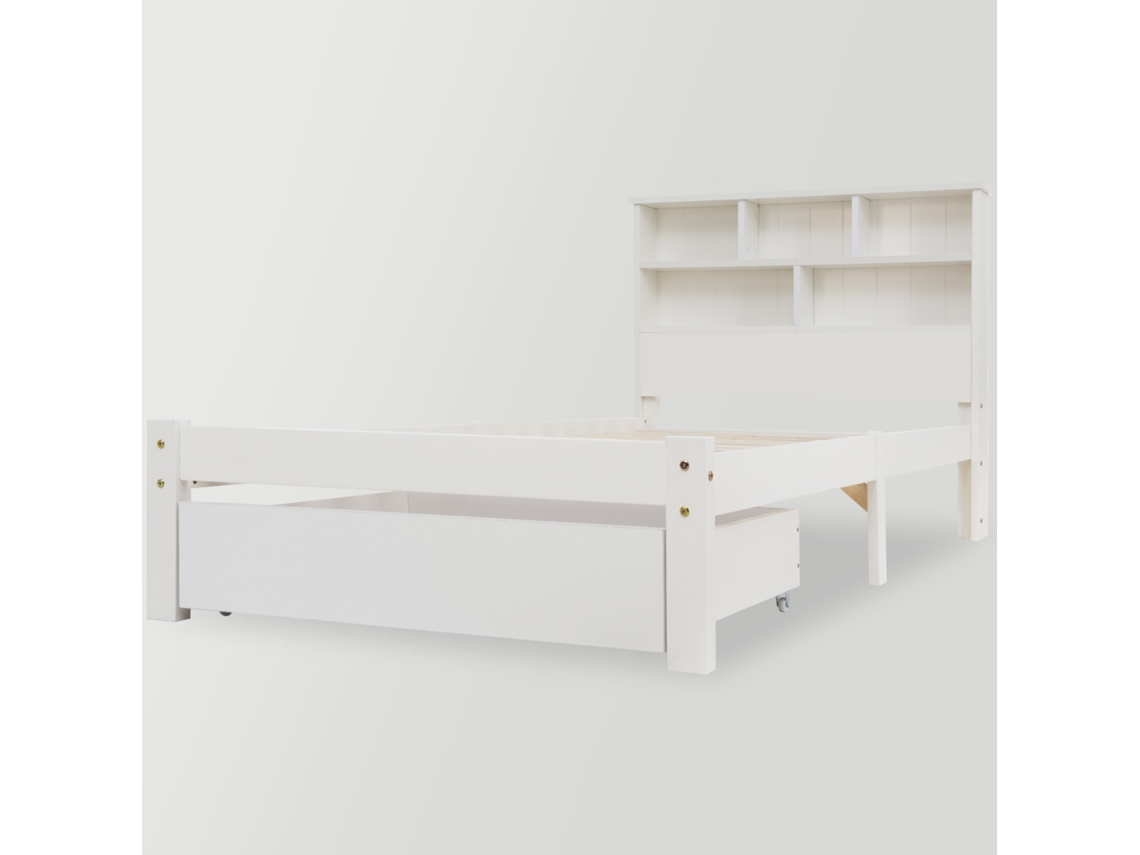 Cama de Solteiro em Madeira Maciça com Gavetas e Estrado,estante para Livros,90x200cm,branca,perfeita para Adolescentes e Adultos PAPRIKA
