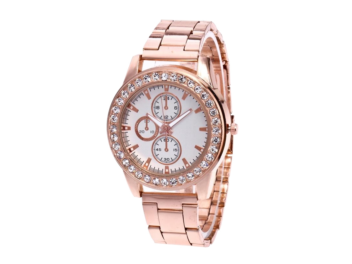 Relógio analógico de quartzo com pulseira simples de aço para mulheres e homens (ouro rosa)