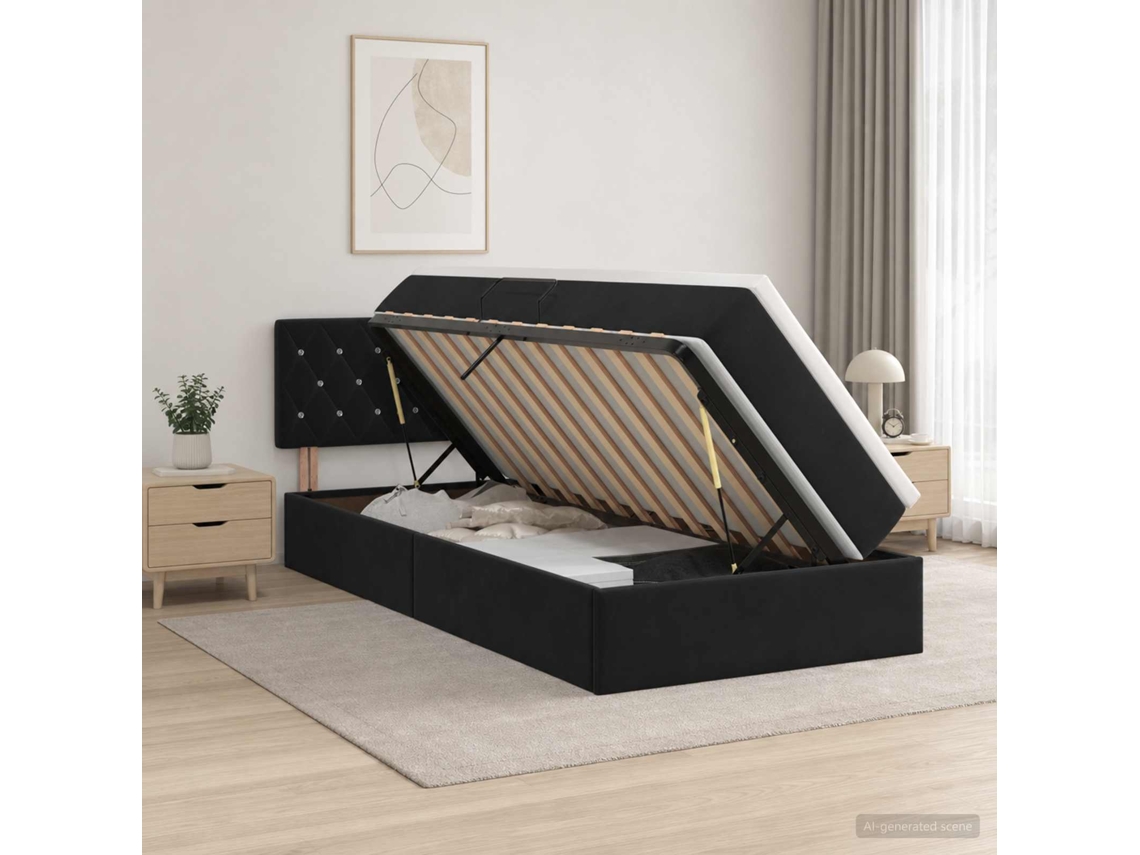 Vidaxl Cama De Armazenamento Led Com Colchão Preto 90 X 190 Cm Veludo