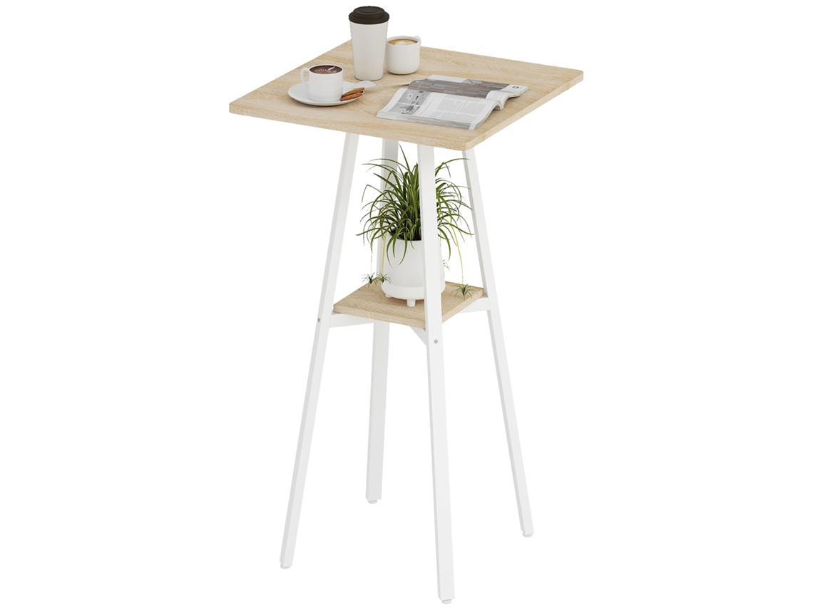 Mesa De Cozinha Alta Quadrada Com Prateleira Para 2 Pessoas, Pés De Metal, 55x55x95 Cm, Madeira Natural E Branca.