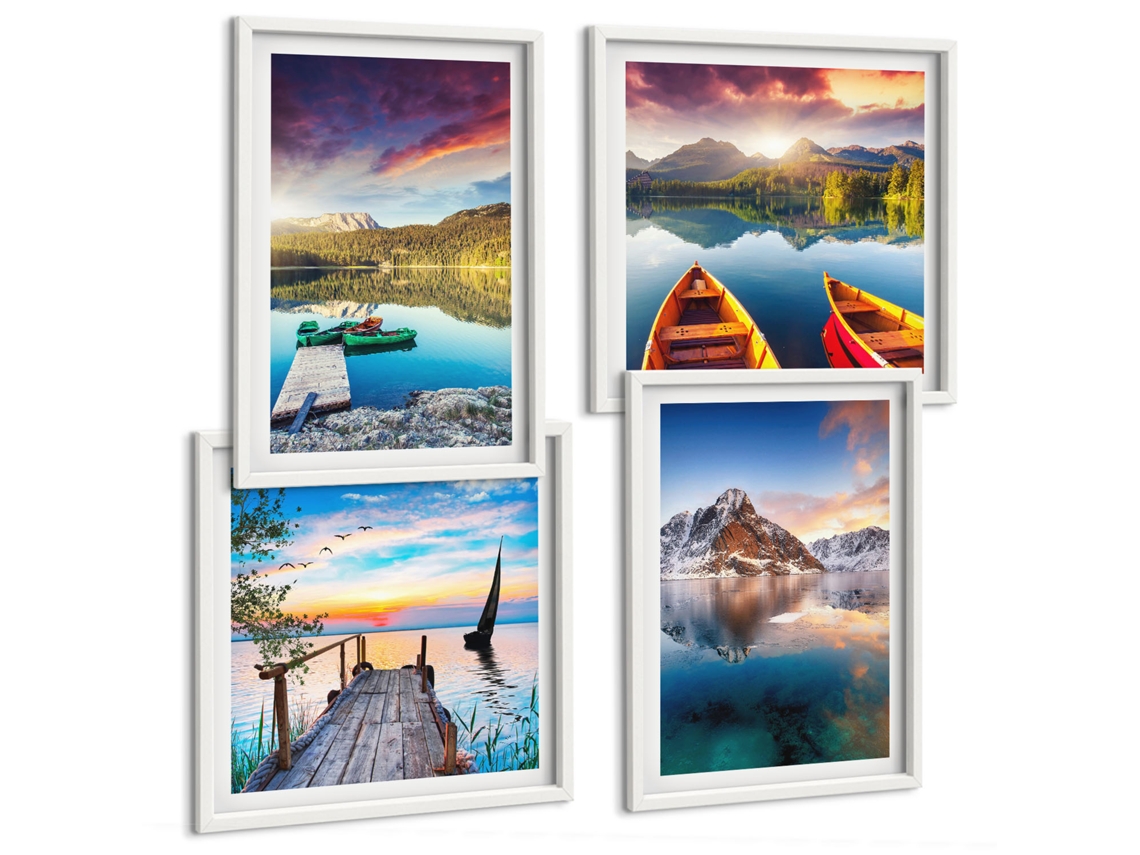 Galeria De Pinturas Murais Lagos, Montanhas, Barco, Paz Moldura Branca Quadros Para O Escritório Espelharte (conjunto De 4 Imagens)
