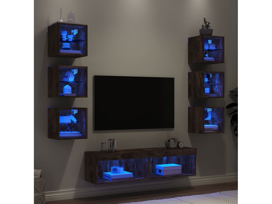Vidaxl 8pcs Móveis Parede P/ Tv C/ Leds Deriv. Madeira Carvalho Fumado