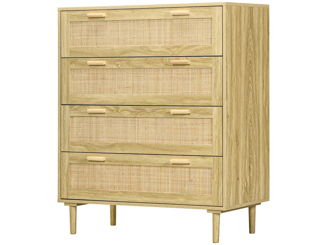 Cômoda 90x45x108,5h Com 4 Gavetas E Vime, Estilo Boêmio Madeira Clara