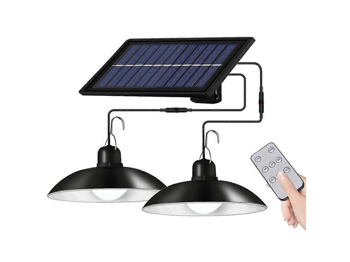 Luminária solar suspensa de duas cabeças para exterior com controle remoto, ideal para casa, pátio e jardim. Brilvibera