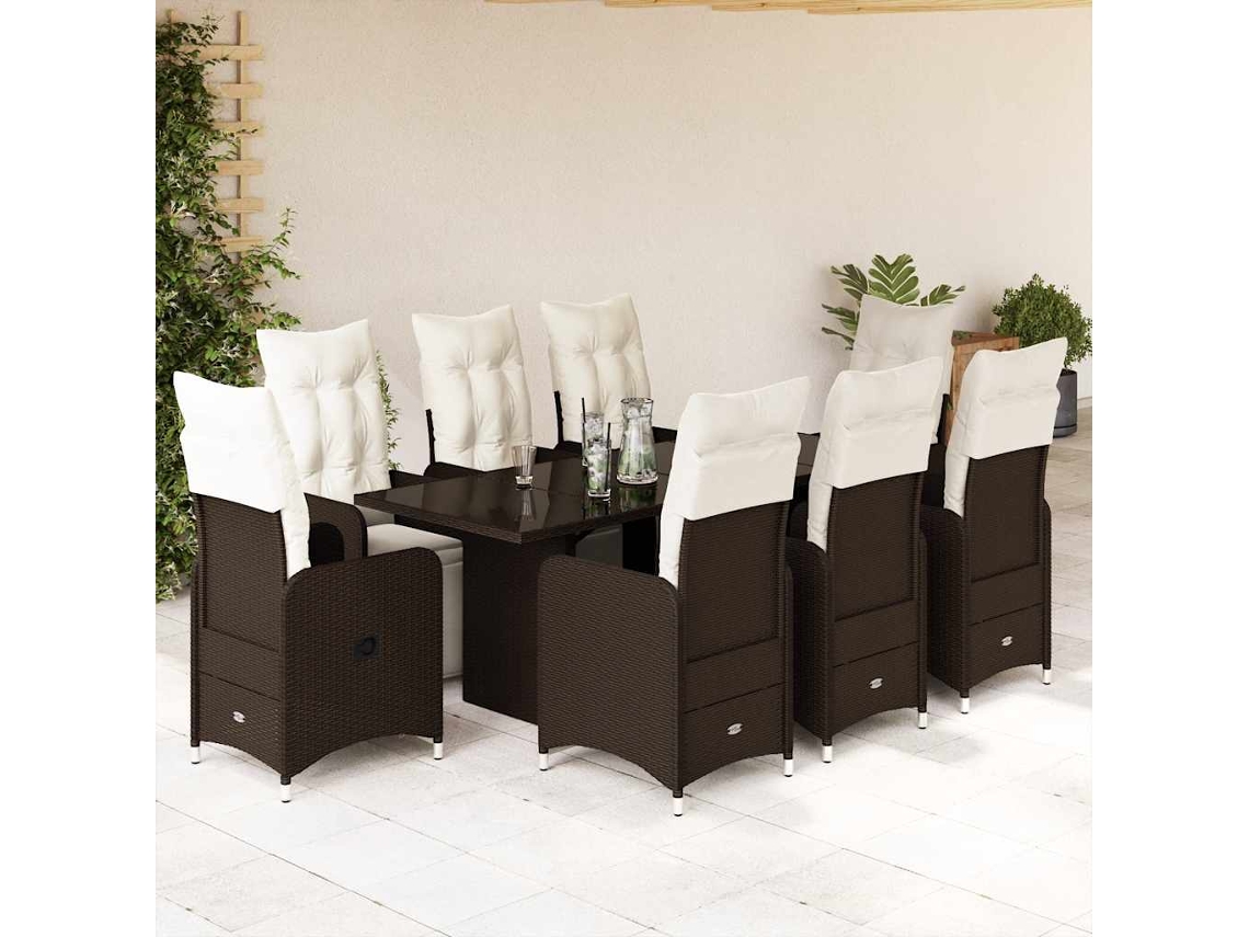Vidaxl 9 Pcs Conjunto Bistrô De Jardim C/ Almofadões Vime Pe Castanho