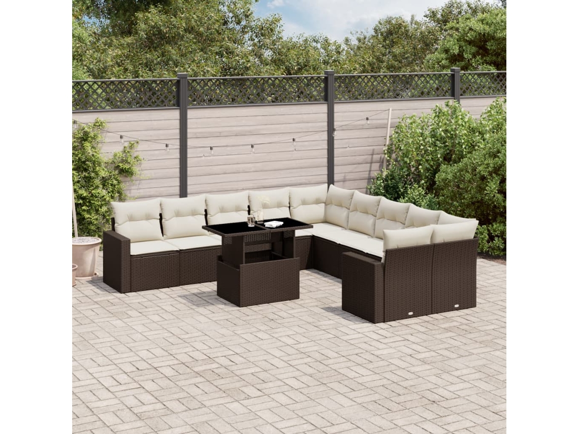 11 Pcs Conjunto Sofás De Jardim C/ Almofadões Vime Pe Castanho Dkd Home Decor