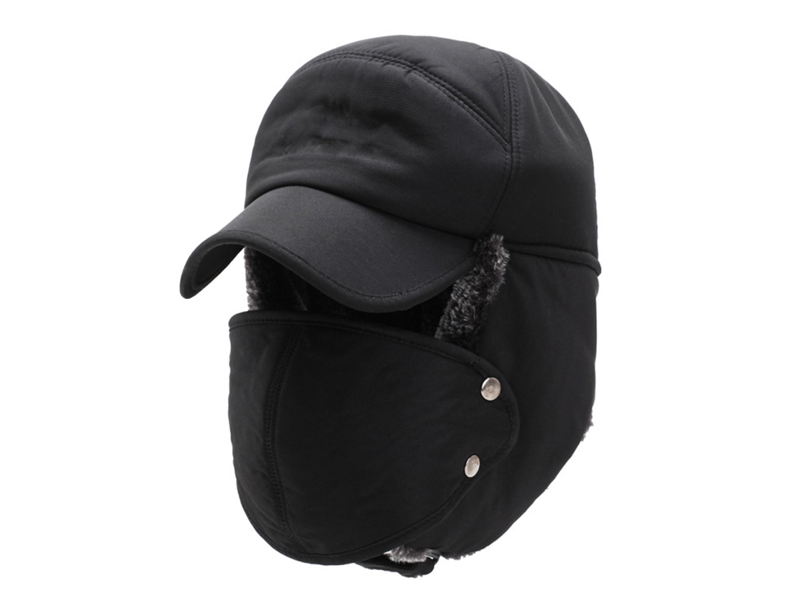 Gorro de lã quente com capa facial e orelhas, para homens e mulheres, ideal para trekking e esqui, preto S/MARCA