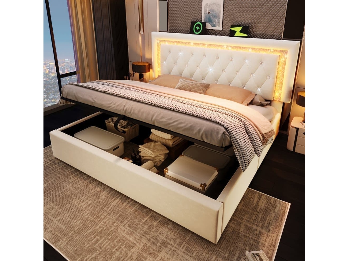 Cama Estofada 160x200 Cm - Led Na Cabeceira, Usb/type-c, Armazenamento Hidráulico - Bege