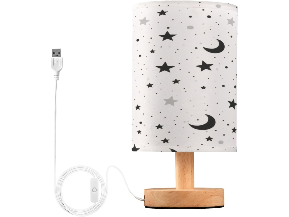 Abajur De Cabeceira With Estampa Estrelas, Lua E Bolinhas, Para Quarto Infantil, Con Portas de Regamento USB C