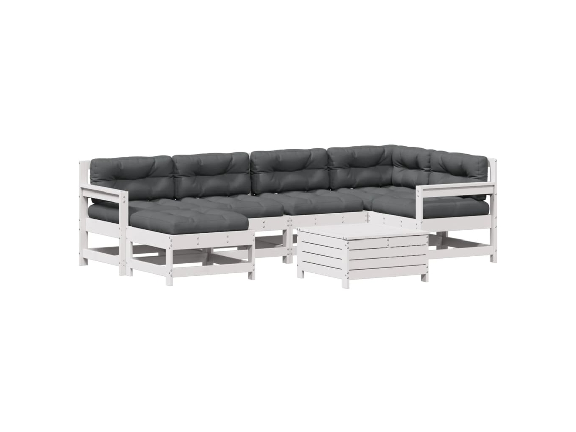 Conjunto 7 Lounge de Jardim com Almofadões Pinho VIDAXL Maciço Branco