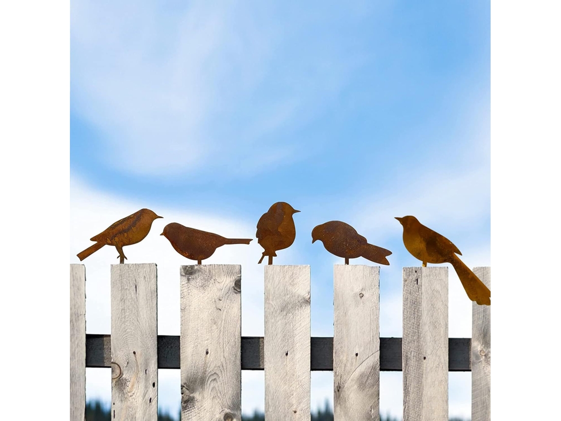 Conjunto 5 Pássaros Metálicos – Decoração De Jardim Exterior – Silhueta De Aves – Para Cerca E Terraço – Ferro – Castanho