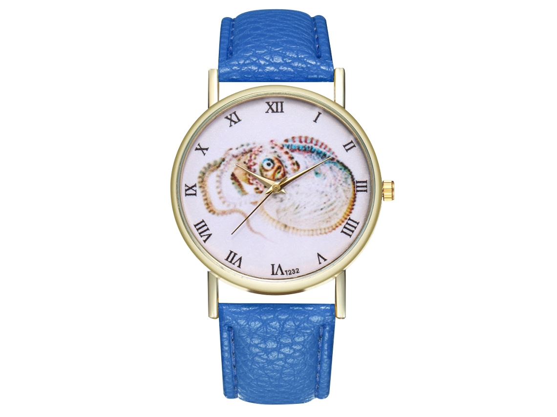 Relógio de pulso vintage de quartzo para mulheres e homens com pulseira de couro PU, estampa animal azul royal.