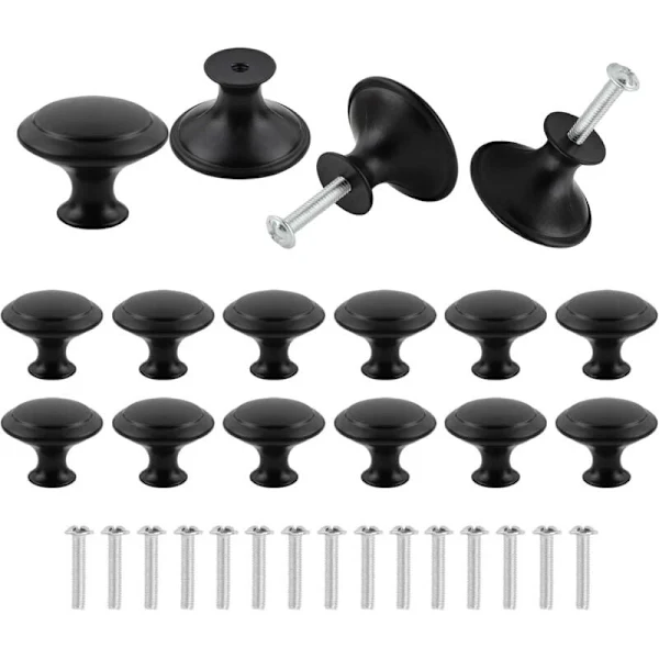 Conjunto de 16 Puxadores Redondos 30 Mm em Preto Fosco para Móveis, com Parafusos, para Gavetas, Portas e Armários BRILVIBERA