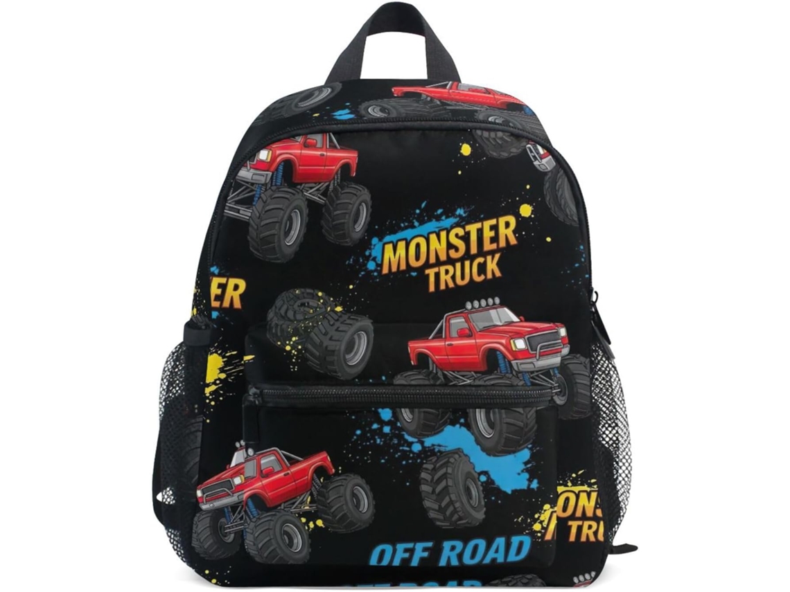 Mochila Infantil Unissex Com Estampa Monster Trucks Cor Preta, Para Nome, Crianças 3 8 Anos