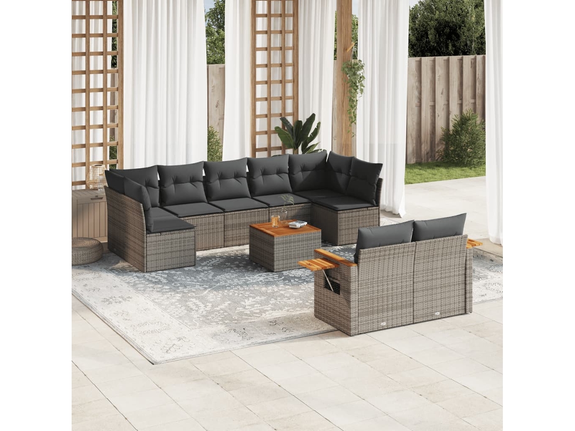 Vidaxl 10 Pcs Conjunto Sofás de Jardim C/ Almofadões Vime Pe Cinzento