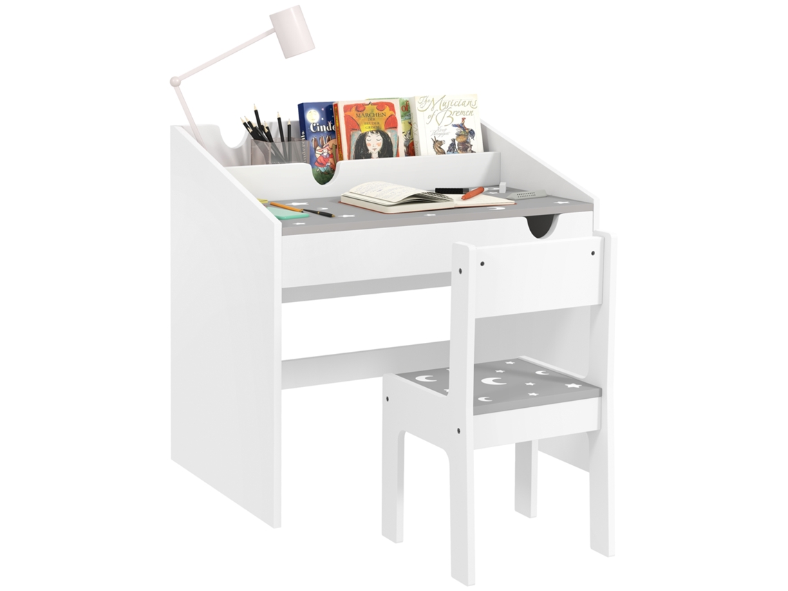 Conjunto de Mesa e Cadeira Infantil para Crianças de 3 a 6 Anos com Organizador e Gaveta Deslizante, em Madeira Cinza. CHEZMOI