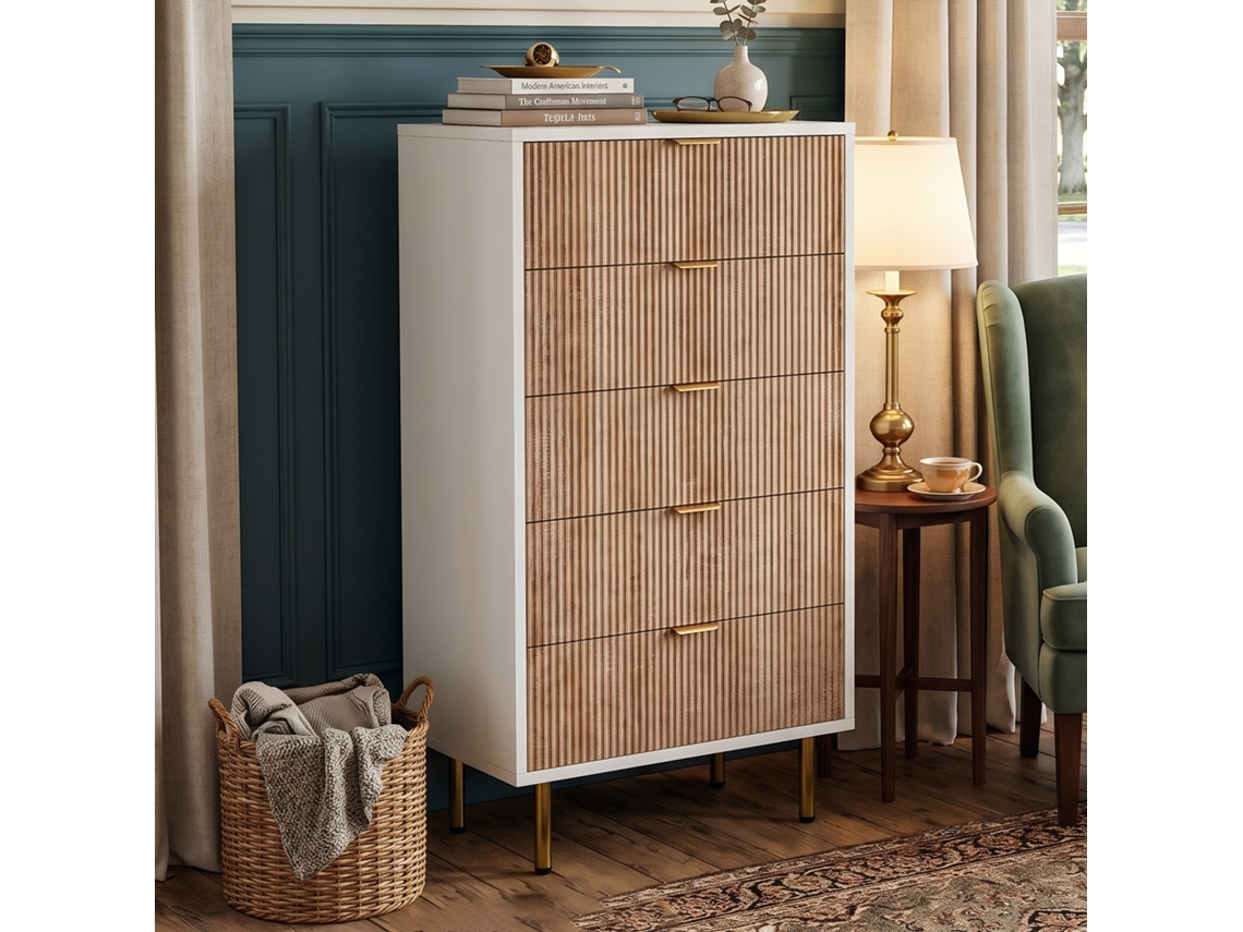 Lazyspace Cómoda De 5 Gavetas Em Cor Madeira Natural E Branco | Armário De Arrumação Com Design Ripado Vertical E Pés Dourados (60x34x109.8cm)